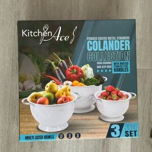 NEW Kitchen Ace 3-Piece Colander Set: 1.5Qt, 3Qt, 5Qt